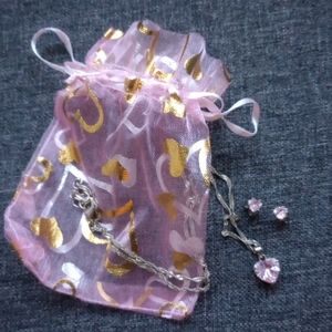 Dainty Silver Pink Gem Jewel Heart Studs Matching Pendant Set